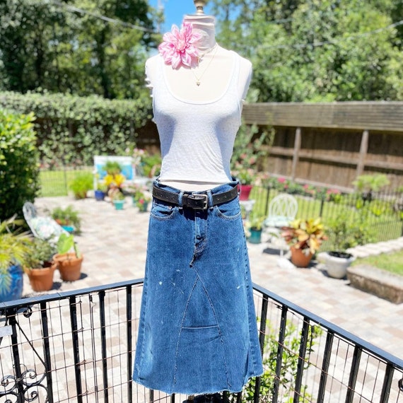 VINTAGE JEAN Skirt/midi Length Jean Skirt/recycled Jeans Skirt/dark Denim  /paint Stained Denim/vintage Denim/fab208nyc/fab208/boho Denim 