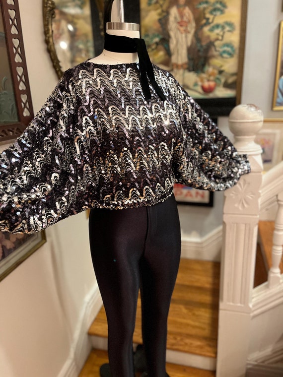 Vintage 80s Sequin Batwing Top: Black Silver Disco Blouse