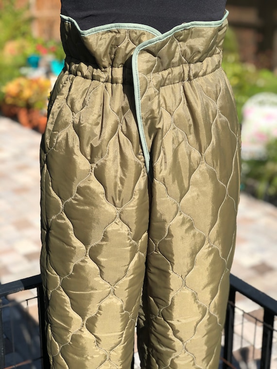 QUILTED PANTS/green quilted pants/military pant liner… Gem