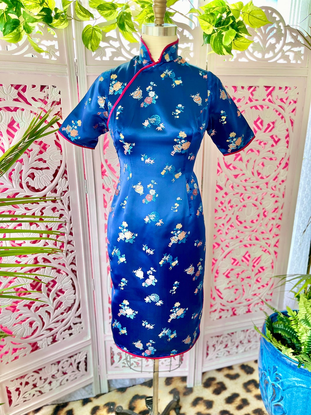 Vintage Navy Stand Collar Side Open Print Cheongsam Dresses Short Sleeve