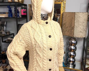 Vintage cream hand knit hooded cable knit cardigan: long slim sweater with hood