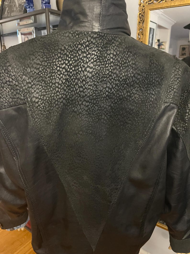 May include: Black leather jacket with a high collar. The upper back and shoulders feature a textured, leopard-print design. The jacket has a V-shaped panel on the back and a classic, tailored fit.