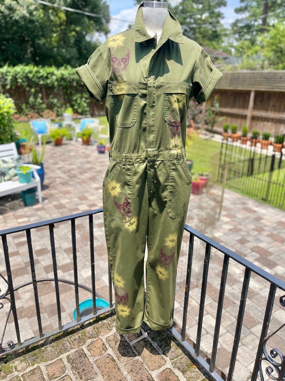 SKULL PRINT COVERALLS, upcycled army coverall, gre