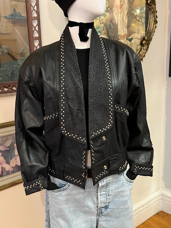 80s Studded Leather Jacket, Two Tone Leather Jacket, Silver