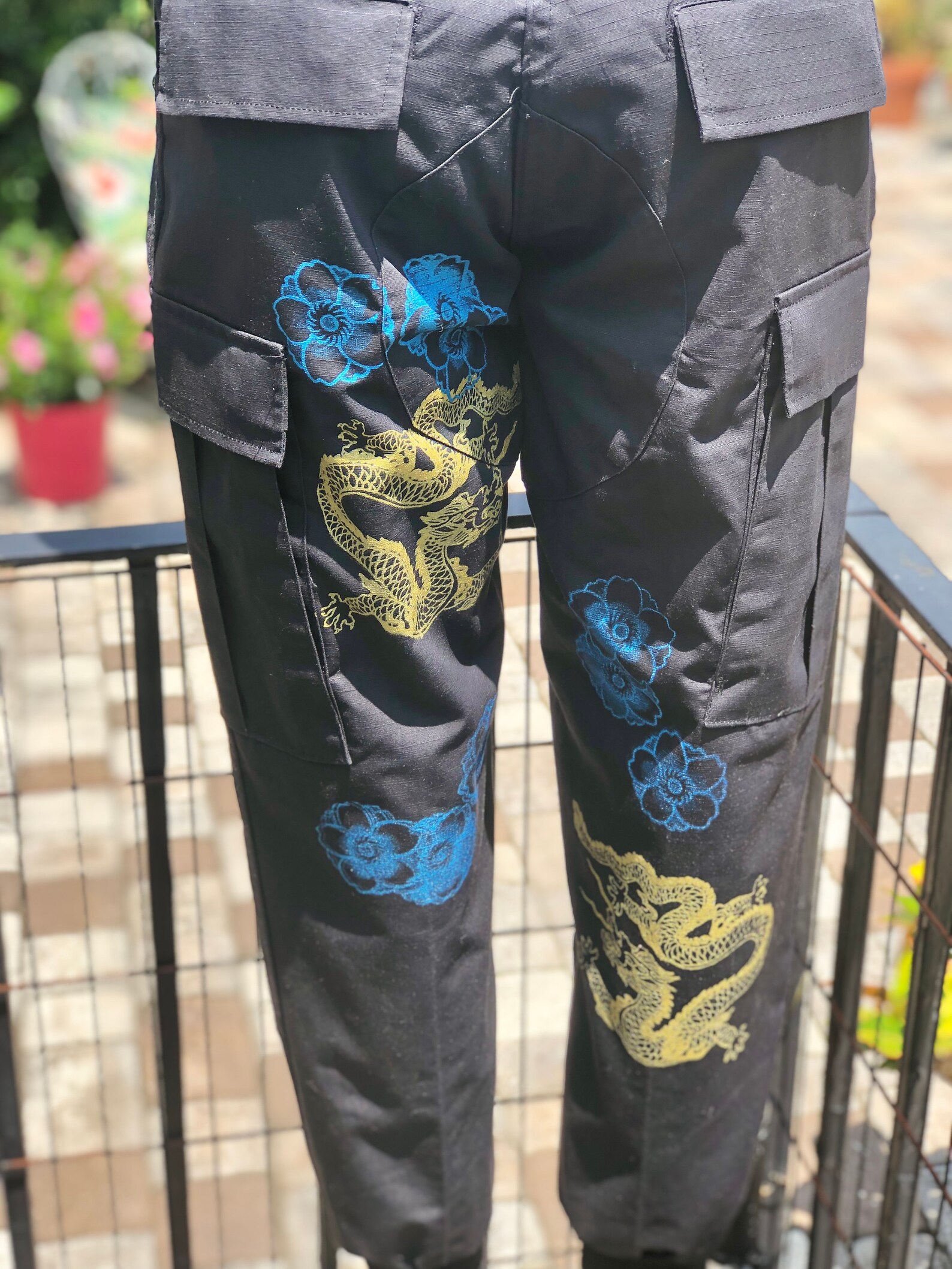 DRAGON PRINT CARGO Pants/gold Dragon Print/blue Cherry | Etsy