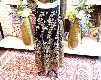 Black Gold Embroidered Mesh Maxi Skirt