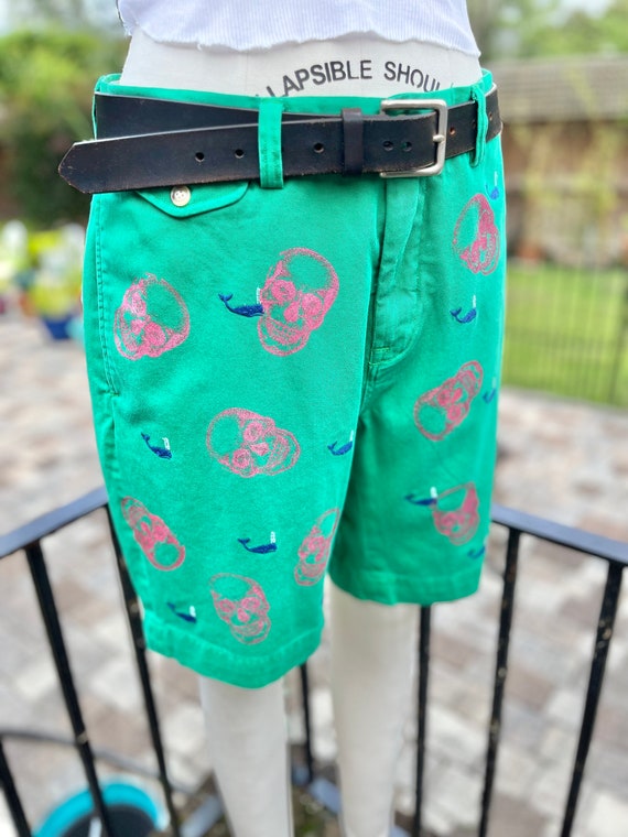 SKULL PRINT SHORTS/recycled shorts/green shorts/cl