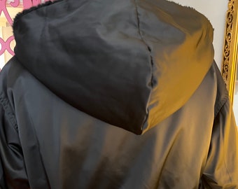 Reversible Fake Fur and Satin Bomber Jacket, Black Fake Fur