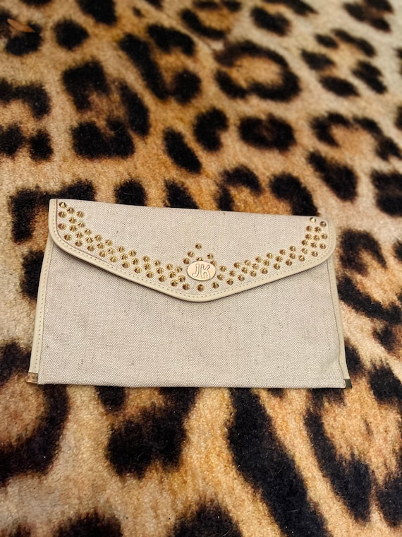 VINTAGE STUDDED CLUTCH/biege canvas clutch bag/gol