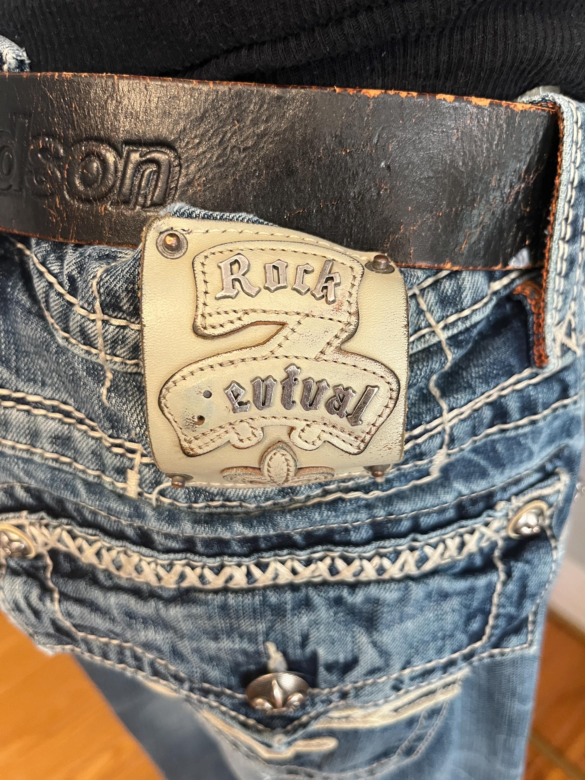 ロックリバイバル ジーンズ 刺繍 33インチ　百合　y2k archive Vintage Rock Revival Jeans: Y2K Relaxed Fit, Heavy Stitch Detail