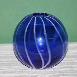 Cobalt Blue Bowl Vase White Lines Hand Blown Polished Pontil