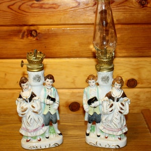 Pair Edwardian vintage porcelain kerosene lamps lanterns Japan