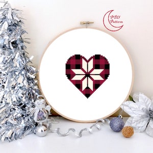 Snowflake on Plaid Heart Cross Stitch Pattern, Christmas, PDF, Cross Stitch, Pattern, Buffalo, Plaid, Red, Winter, Snowflake, Heart