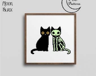 Patrón de punto de cruz de gato esqueleto para Halloween (Descarga en PDF)