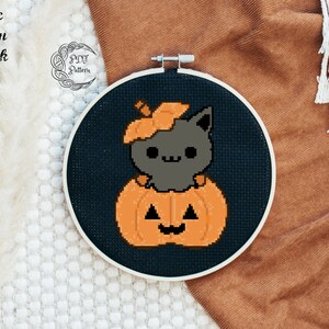 Pumpkin Cross Stitch Pattern, Halloween Cross Stitch Pattern, Cat Cross Stitch Pattern, Digital Item, Cross Stitch, Pattern, Halloween, Cat