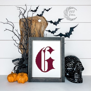 Letter G Cross Stitch Pattern, Instant PDF Download, Modern, Cross Stitch Pattern, Letter, G, Gothic, Calligraphy, Initial, Red, Monogram