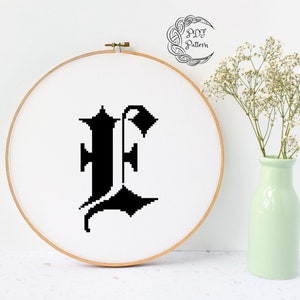 Letter E Cross Stitch Pattern, Instant PDF Download, Modern, Cross Stitch Pattern, Letter, E, Gothic, Calligraphy, Initial, Black, Monogram