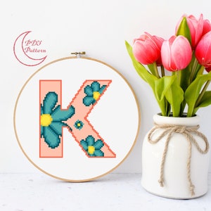 Letter K Cross Stitch Pattern, Instant PDF Download, Modern, Cross Stitch Pattern, Letter, K, Daisy, Initial, Flower, Monogram, Floral