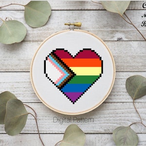 Op de afbeelding: Een digitaal kruissteekpatroon met een hartvormig ontwerp met een regenboog en een transgender pride-vlag. Het patroon wordt weergegeven op een witte stof in een houten borduurring. De tekst "Celtic Moon Black" en "Digital Pattern" is zichtbaar op de afbeelding.