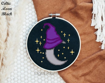 Halloween Moon Witch Hat Cross Stitch Pattern, Goth Samhain (Digital Item)
