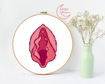 Patrón de punto de cruz "Vulva de Frambuesa", bordado feminista moderno (PDF)