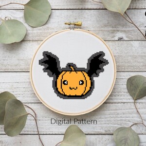 Pumpkin Cross Stitch, Halloween Cross Stitch Pattern, Bat Cross Stitch Pattern, Digital Item, Modern, Cross Stitch, Pattern, Bat, Pumpkin