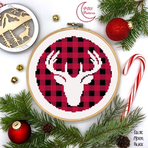 Buck Cross Stitch Pattern, Christmas, PDF, Cross Stitch, Pattern, Buffalo, Plaid, Red, Winter, Minimalist, Red, Buck, Deer, Silhouette