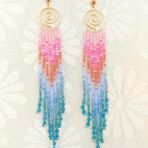 Beaded earrings Long earrings gradient Seedbead earrings chandelier Boho earring Ombre seedbead earrings clear mint pink teal fringe earring