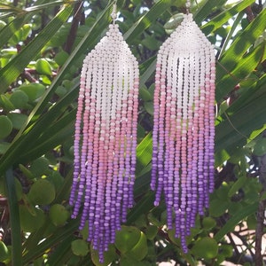 Beaded earrings Long earrings Native earrings Seed bead earrings pink chandelier earrings Boho earrings Beadwork earrings Fringe earrings