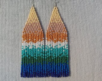 Beaded earrings Seed bead chandelier earrings Boho earrings Fringe earrings Minimalist pastel abstraction landscape sea sunset earrings teal