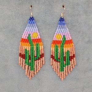 Author&#39;s beaded earrings Western Native earring Seed bead  chandelier earrings Beadwork Fringe sun sunset multicolor cactus desert canyon