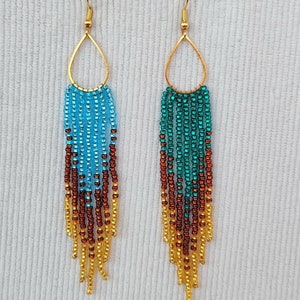 Beaded earrings Long earrings gradient Seedbead earrings Boho earrings seed bead earrings green blue fringe bead earrings green brown gold