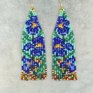 Unique Beaded earrings Seed bead earrings chandelier Fringe earrings inspired  Irises Van Gogh earrings Artistic earrings Art lover gift