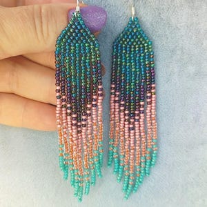 Beaded earrings long Seed bead chandelier earrings Boho earrings Fringe gradient earrings green violet orange teal earrings, gift for her