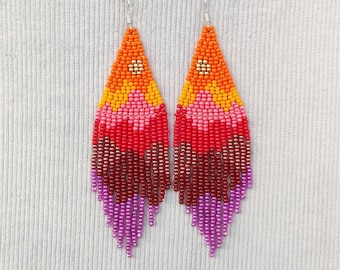 Author's beaded earrings Seed bead earrings chandelier earrings sunset  pink orange magenta violet earrings Beadwork Fringe earrings unique