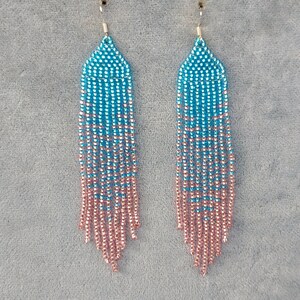 Beaded unique sparkling earrings long earrings gradient Seedbead earrings chandelier Boho earrings Beadwork pink blue earrings Fringe beach