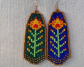 Author's beaded earrings Seed bead earrings chandelier Beadwork Fringe earring abstraction flower floral earrings blue emerald stained glass