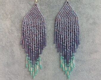 Beaded earrings Long earrings gradient Seedbead earrings chandelier Boho earrings Ombre seedbead earrings purple lilac teal fringe earrings