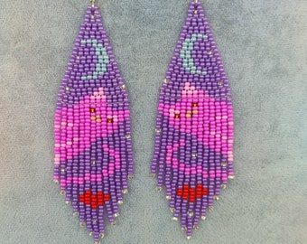 Author's beaded earrings Seed bead earrings chandelier beadwork Fringe abstract minimalism animal earrings cat kitty kitten pussycat violet