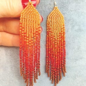 Beaded earrings Long earrings gradient Seedbead earrings Boho earrings Ombre seed bead earrings peach orange red bronze fringe earrings
