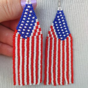Beaded earrings  Seed bead earrings Patriotic earrings fringe USA flag  United States of America  4th of July Memorial Day Red white blue