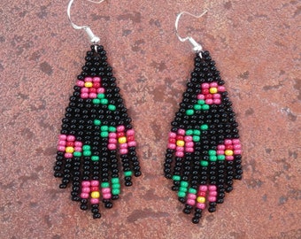 Beaded earrings Seed bead chandelier earrings Small Boho earrings black floral print flower Fringe earrings Tiny Bead Minimalist abstraction