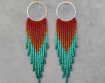 Boucles d’oreilles perlées Boucles d’oreilles longues dégradéEs Boucles d’oreilles Seedbead boucles d’oreilles lustre boucles d’oreilles Beadwork moutarde marron Terra Cotta sarcelle émeraude boucles d’oreilles Fringe