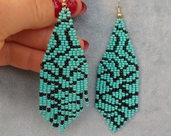 AutorenPerlen Ohrringe Lange Abend Ohrringe Saatperlen Ohrringe Kronleuchter Ohrringe Boho Ohrringe Beadwork Fransen Ohrringe Teal türkis