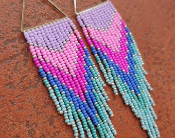 Beaded earrings Long earrings gradient Seedbead earrings chandelier Boho earring Ombre seed bead earrings pink blue teal fringe earrings