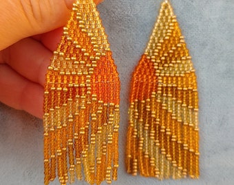 Unique beaded earrings orange Native earrings Seed bead earrings chandelier earrings Beadwork Fringe wearable art mountain sun wave sunset