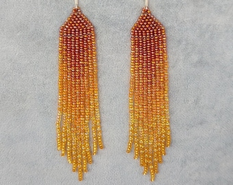 Beaded earrings Long earrings gradient Seedbead earrings chandelier Boho earrings Beadwork brown honey Mustard Terra Cotta earrings Fringe