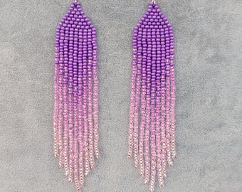 Boucles d'oreilles perlées Boucles d'oreilles longues dégradées Boucles d'oreilles perles de rocaille lustre Boucles d'oreilles bohème Boucles d'oreilles perles de rocaille ombrées violet rose boucles d'oreilles franges lilas