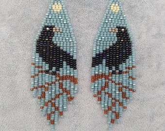 Author's unique beaded earrings Seed bead earring chandelier Beadwork Fringe earring abstraction black raven moon earrings blue gift for her