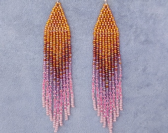 Beaded earrings Long earrings gradient Seedbead earrings Boho earrings Ombre seed bead earrings orange purple pink fringe bead earrings